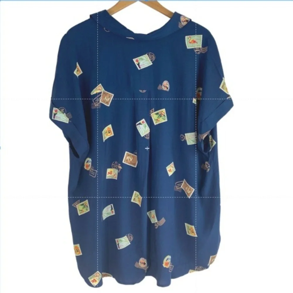 Jane + Delancey Tropical Flamingo Postage Stamp Shirt Women 3X Blue Resortwear - Picture 2 of 8
